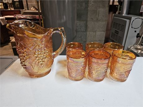 Imperial Grape Marigold Carnival Glass Pitcher & Tumblers