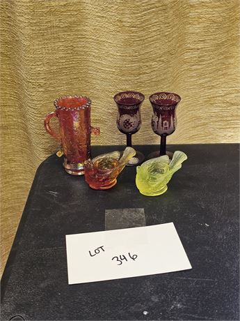 Bohemia Crystal Ruby Stemmed Shot Glasses & 1970's Degenhart Glass Birds & Vase
