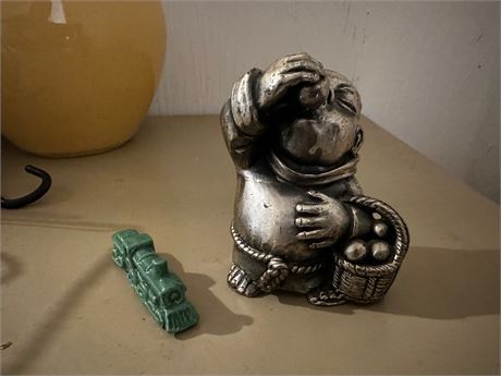 Pewter Monk with Fruit and small china train