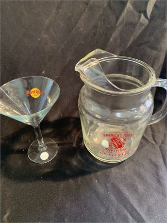 Glass J.P. Stewart Kold Draft Beer Pitcher & Hard Rock Cafe Champagne Glass