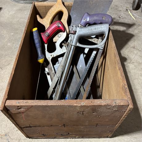 Wood Crate Filled with Mixed Saws