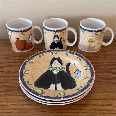 Set of Vintage Sakura Garden Cat Luncheon Plates and Mugs
