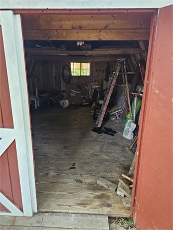 Shed Cleanout- Wheel Barrel, Sawhorses, Scotts Spreader, Ladder, Hoses, Tools