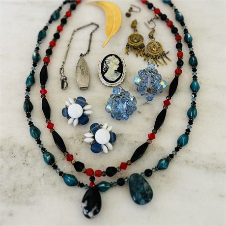 Collection of Vintage Costume Jewelry w/ Genuine Stone Necklaces and More