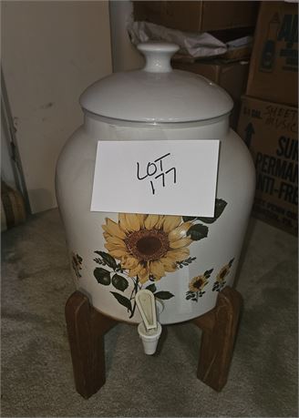 Sunflower Decal Beverage Crock With Wood Stand