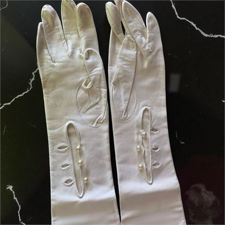 Pair Of Vintage White Opera-Length Gloves W/Faux Pearl Buttons