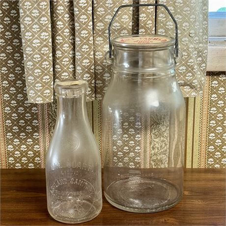 Large Lawrence Dairy One Gallon Glass Milk Jug and Ashland Dairy Bottle