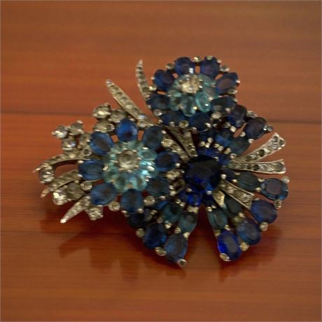 Mazer Multi-Layer Blue & Clear Navette & Rround Rhinestone Brooch