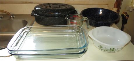 Enamelware Bowl, Roaster, Glasbake Dish, Etc