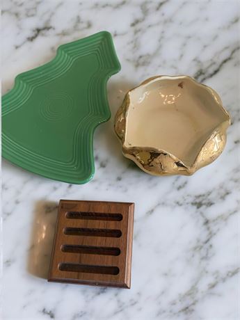 Ceramic & 24K Weeping Gold MCM Candy Dish/Bowl & Fiestaware Christmas Tree Plate