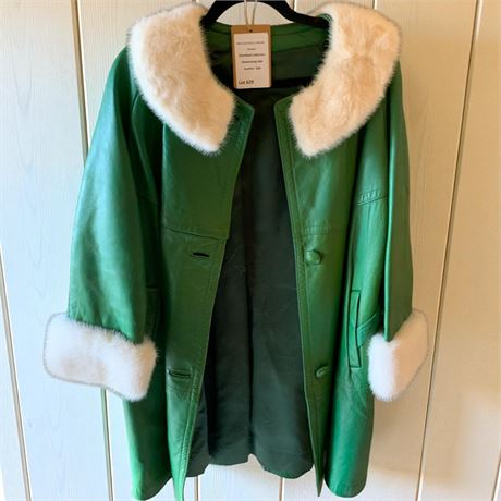 Vintage Green Leather Coat W/White Fur Collar & Cuffs (No Size Tag)