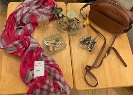 J-Crew Purse, Large Pink/Gray Scarf, Glass Tulip Pattern Bowl, Perfume Bottle