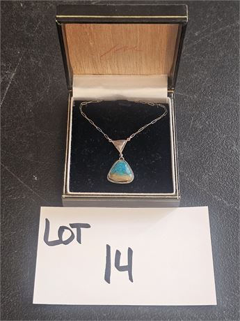 Sterling Link Necklace 16"L With Turquoise Pendant 0.18 OZT With Stone