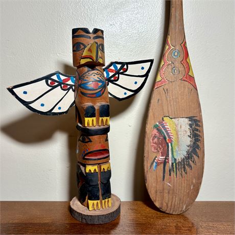 Vintage Native American Hand Painted Wood Totem Pole and Paddle