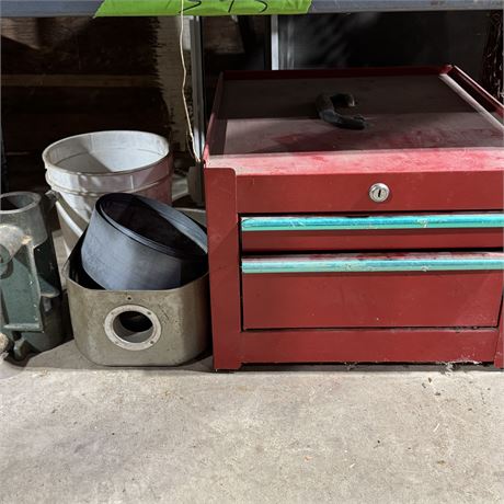 Steel 2-Drawer Toolbox w/ Contents and Items on Left