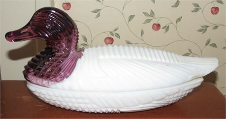Atterbury Milk Glass Duck With Amethyst Head Dish