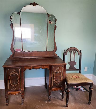 Antique Vanity W/Mirror & Chair