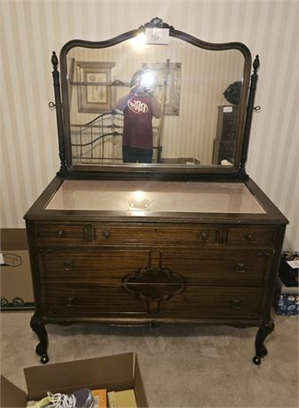 Antique Dovetail Wood Dresser with Mirror & Glass Top