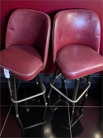 Vinyl Upholstered Metal Framed Bar Stools/Chairs With Backs In Maroon (Vintage)