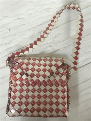 Prison Tramp Folk Art Woven Red and White Cigarette Pack Shoulder Bag Purse