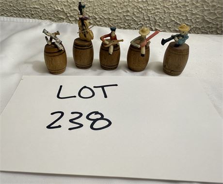Miniature Celluloid Band Player Figures on Barrels