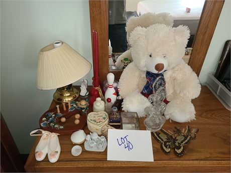 Mixed Decor: Plush Bear/Perfume Bottles/Small Side Lamp/Wall Decor & More