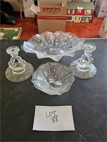 Cambridge Rose Point Footed Candy, Candle Sticks & 12"x 10" Center Piece Fruit