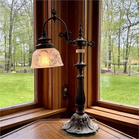 Art Nouveau Bridge Arm Cast Lily Pad Bronze Base Table Lamp
