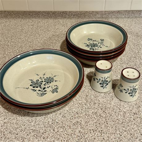 Noritake Stoneware "Pleasure" Serving Bowls, Cereal Bowls, S & P Set