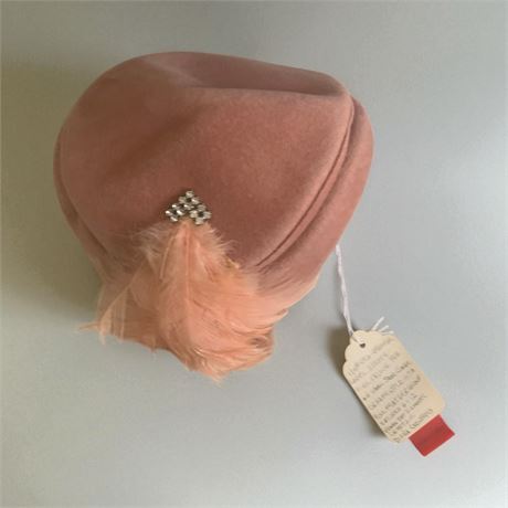 Diana Exclusives Pink Velour Fascinator Hat W/Feather & Rhinestone Embellishment