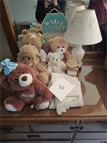 Mixed Plush and More: Plush Bears, Candle, Glass Night Stand Lamp & More