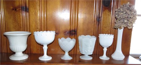 Milk Glass Vases, Bowls