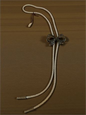 White Braided Cord Bolo Tie W/Metal Bow Pendant & Ends