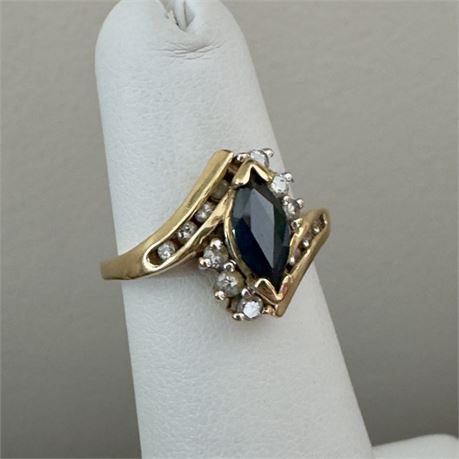 14k Gold Marquise Cut Sapphire and Diamond Ring, Size 3.75 - 3.34 grams