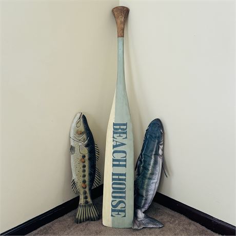 Decorative Solid Wood Oar, Fish Hat/Coat Rack & Bonus Throw Pillow!