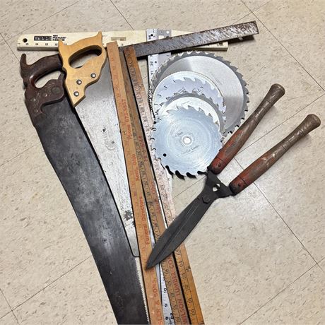 Mixed Lot - Saws, Saw Blades, Yardsticks, Pruning Shears