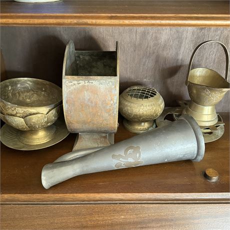 Asian Motif Brass Lot with Pewter Ewer