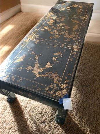 MCM Asian Chinoiserie Black Lacquer Coffee Table With Floral Pattern