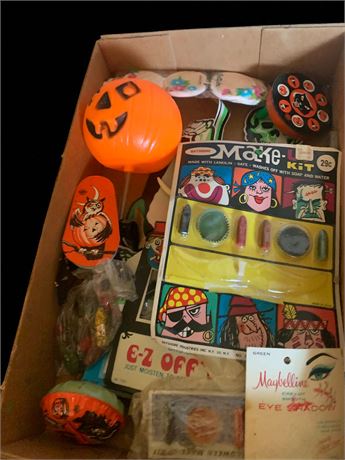 Vintage Halloween Lot - Makeup, Cardboard Skeleton, Noisemaker & More