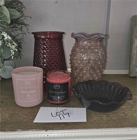 LE Smith Hobnail Pink Vase 8"High, Anchor Hocking Ruby Bowl & Scented Candles