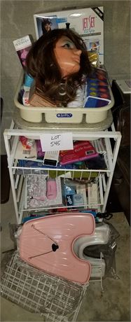 Beauty Shop Cart With Supplies, Brushes, Combs, Dryer Parts, Perm Rods, Capes &