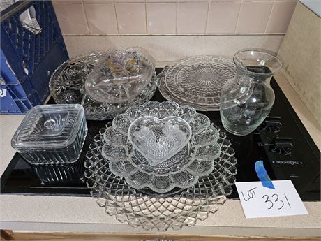 Mixed Kitchen Clear Glass Lot:Platters/Egg Dish/Vase & More