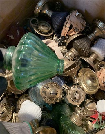 Vintage Glass & Metal Oil Lamp Bases/Parts Lot - 1 Box