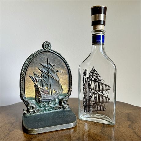 Bradley & Hubbard Single Ship Bookend and Decorative Bottle