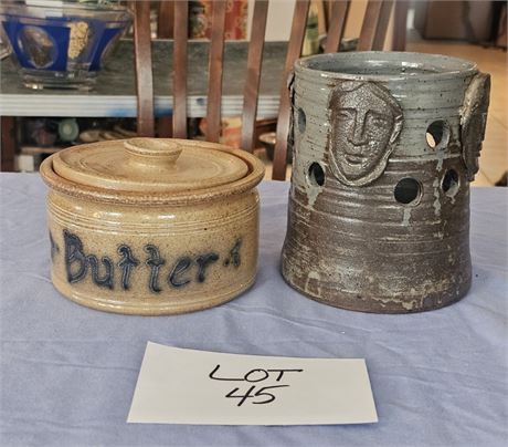 Signed “TIM ’84” Salt-Glaze Pottery Butter Bowl, And Studio Pottery Votive