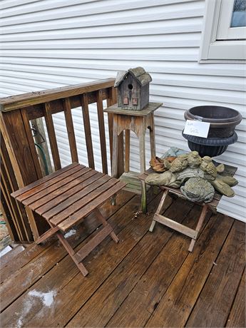 Folding Wood Slat tables / Plant Stand / Mixed Garden Figurines