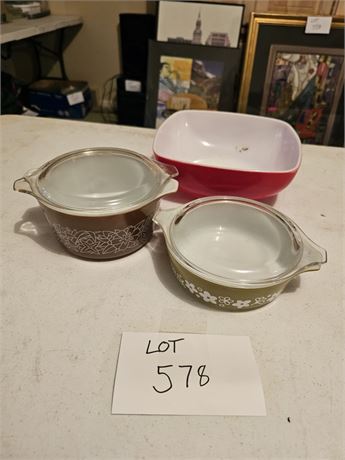 Pyrex Red Mixing Bowl / Woodland Lidded Casserole & Crazy Daisy Lidded Casserole