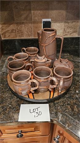 70's Era Brown Glaze Pitcher & Mugs & HP Kakadu Lazy Susan 14"