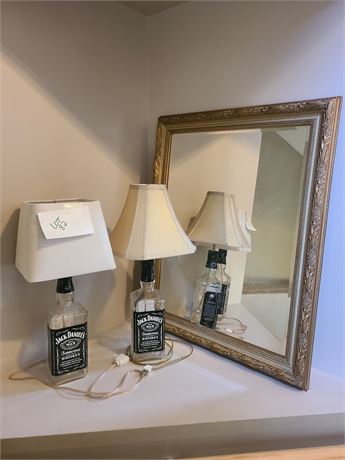 (2) Jack Daniel's Bottle Lamps & Gold Brush Leaf Mirror