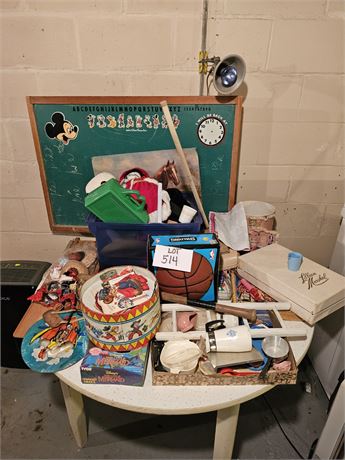 Large Lot Of Mixed Vintage Toys- Chalk Board, Toy Dishes, Puzzel, Christmas Card